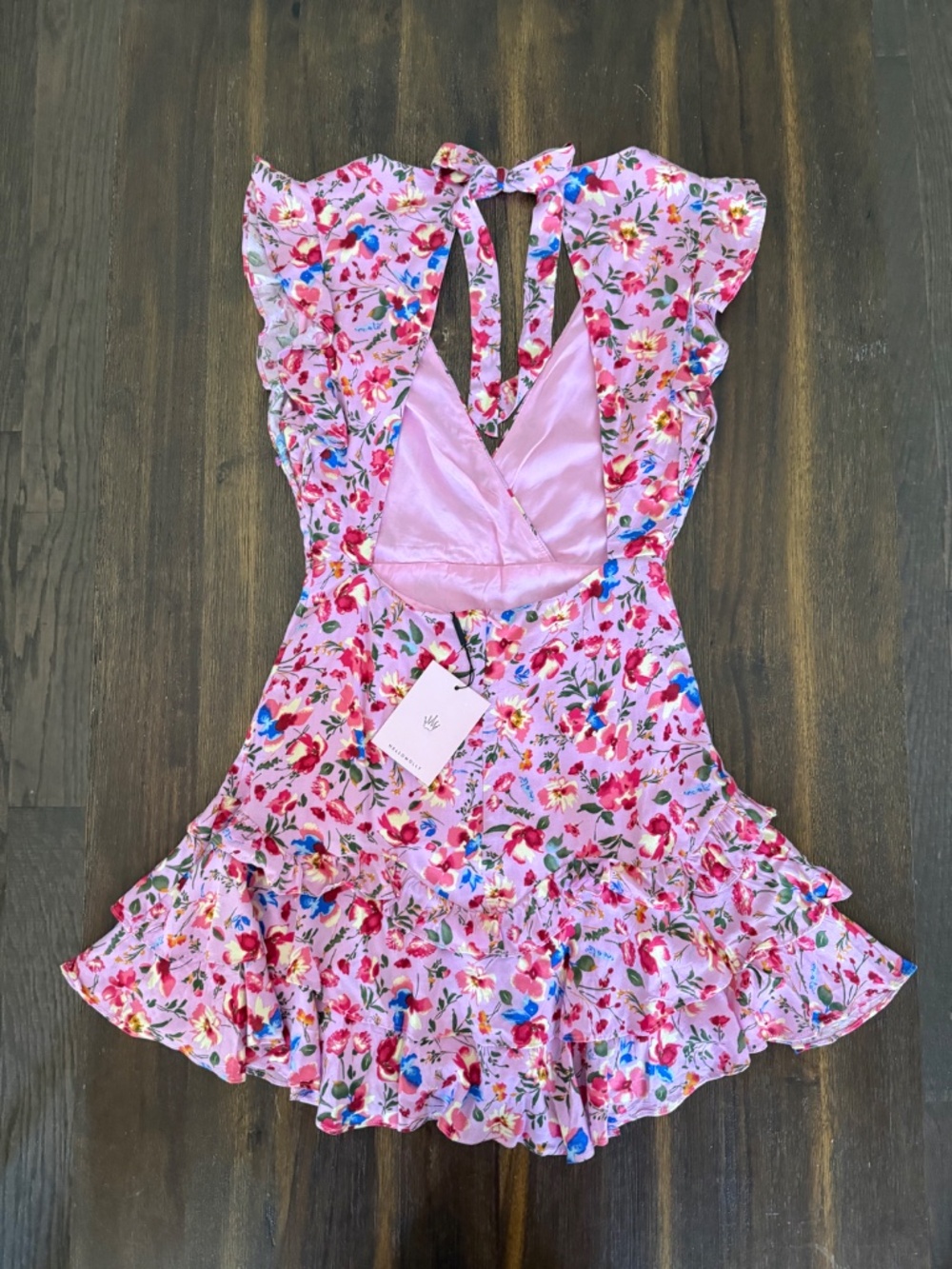 Hello Molly NWT Pink Floral Ruffle Mini Dress Open Back Tie Flutter Sleeve US 4 - Picture 5 of 16